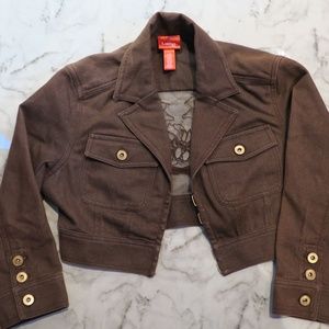 Womens Embroidered Beaded Mesh Cropped Blazer